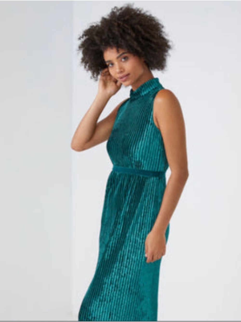 BCBGMAXAZRIA Teal Velvet Pleated Mock Neck Belted Midi Dress